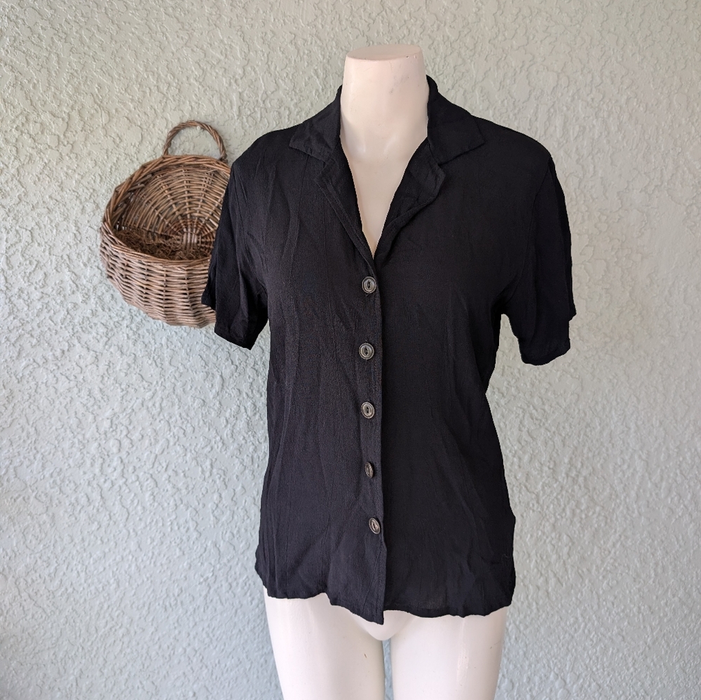 FLAX W Angelheart Black Linen Button Short Sleeve Blouse Collar Petite boxy crop